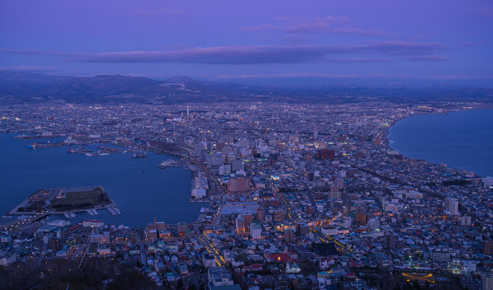 Hakodate city panorama at dusk seen from the summit of Mount Hakodate