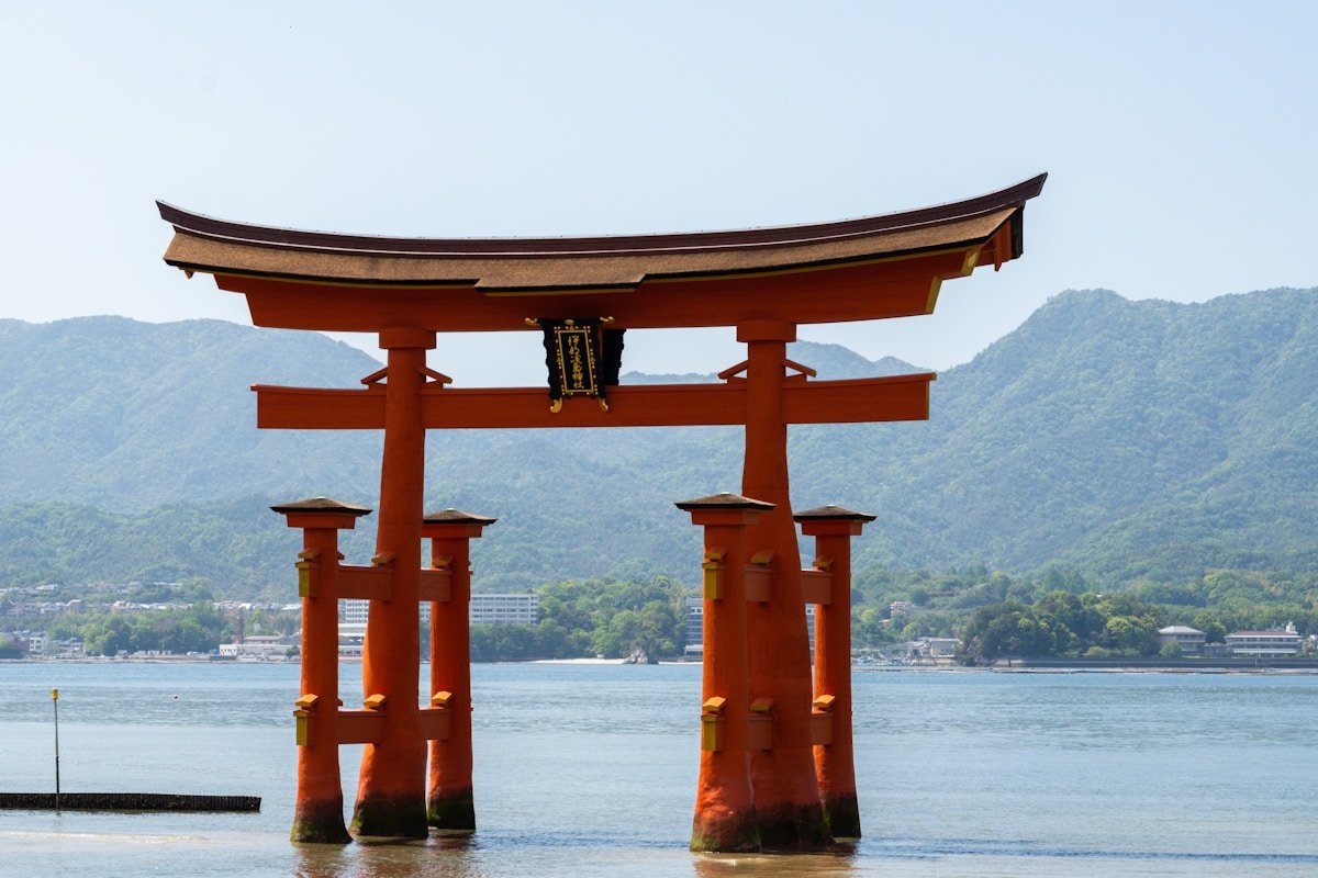 The floating torii gate of Miyajima island at dusk
